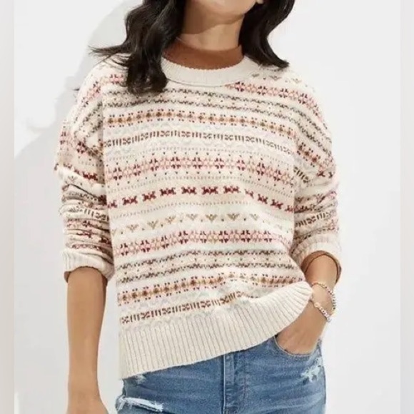 American Eagle - Fairisle Snowdrift Oatmeal Fun Design Crewneck Sweater Size XS - Picture 1 of 12